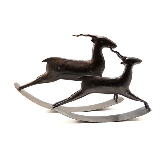 2 Rustic Metal Rocking Antelope Deer Reindeer Figurines Folk Art Farmhouse MCM - Picture 2 of 6